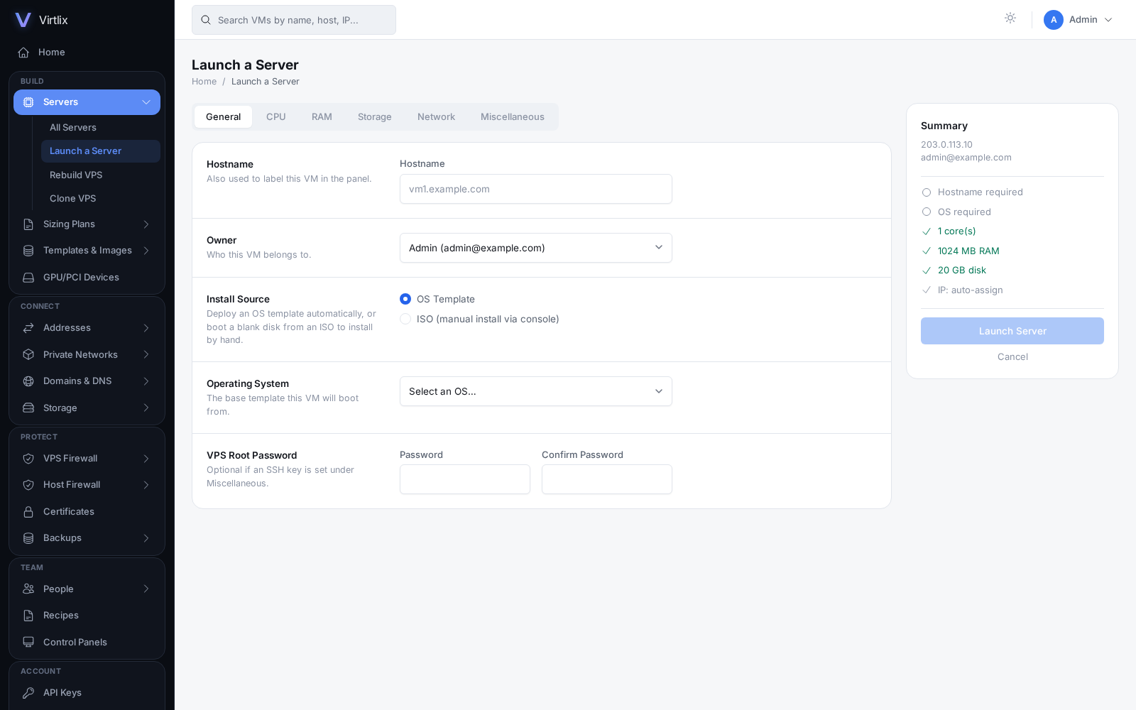 Virtlix Launch a Server form with OS template and sizing options