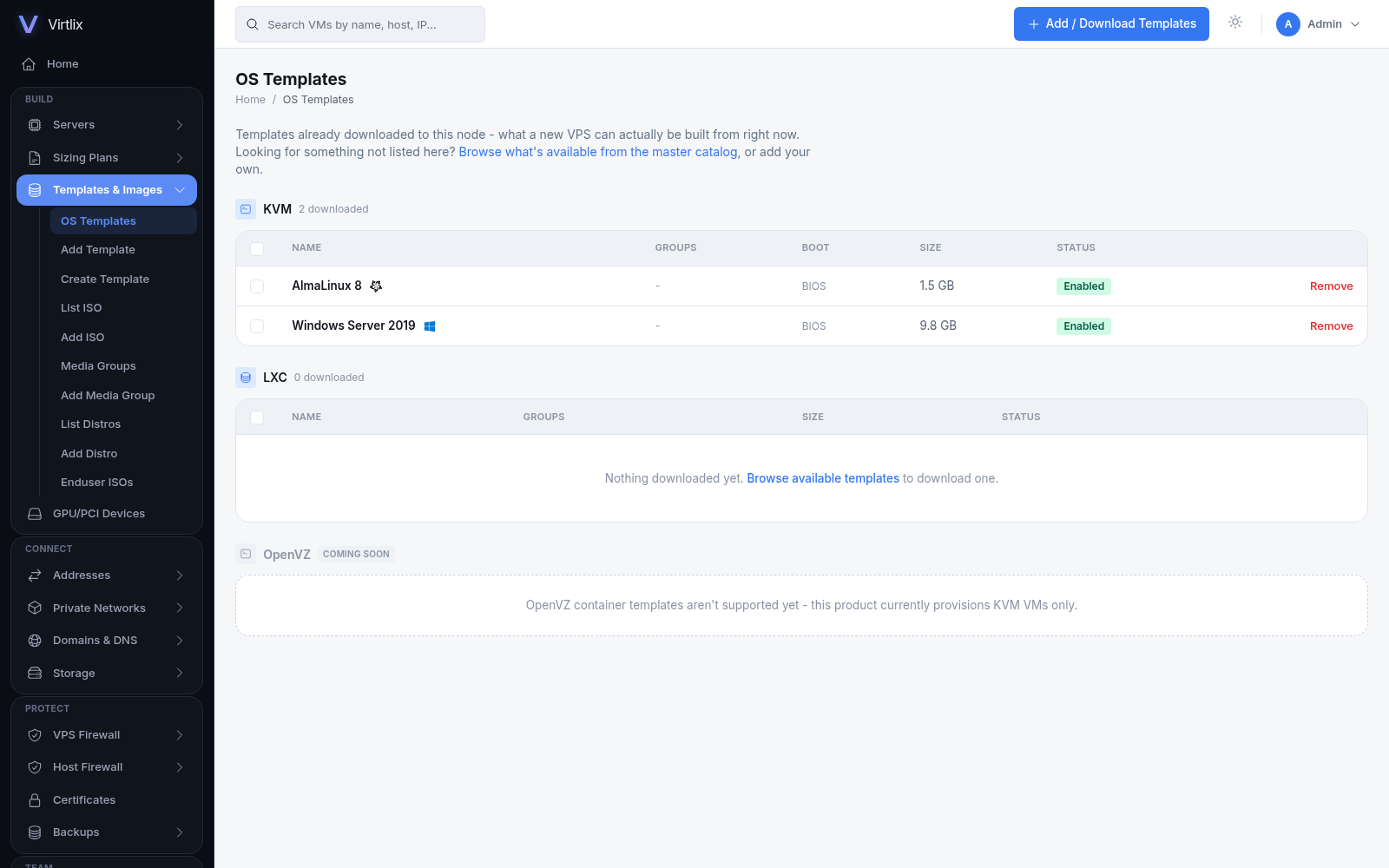 Virtlix OS Templates catalog with real distro logos and download status