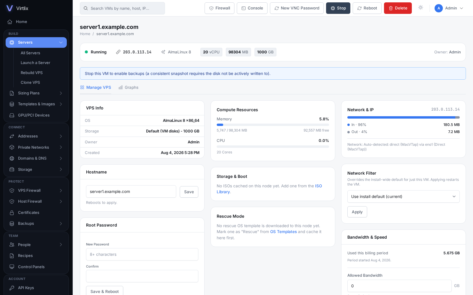 Virtlix VPS management page showing live CPU/memory usage, network and bandwidth controls